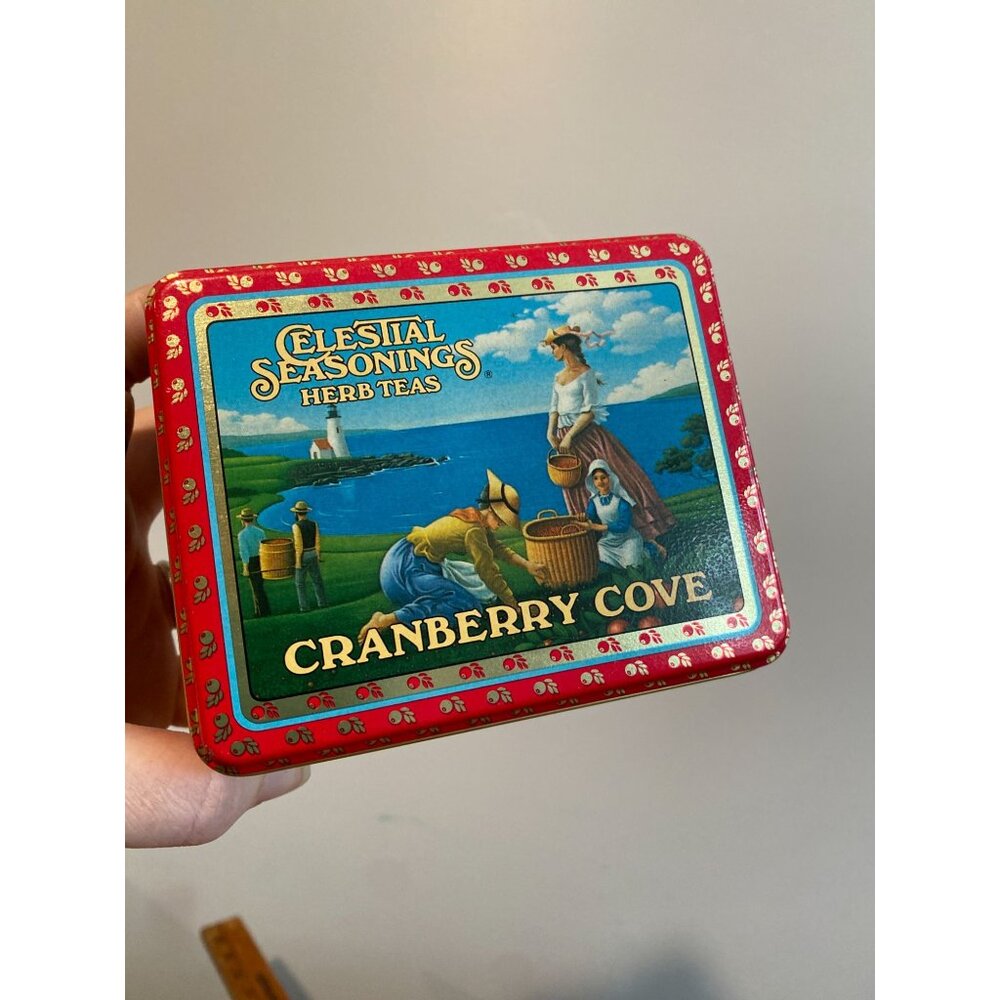 Vintage 1985 Celestial Seasonings Cranberry Cove Tea Tin Container 4.5”x4”x3”